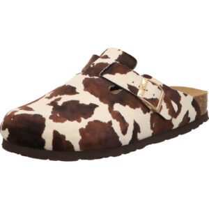 Rohde Damen Clogs Kuhmuster mit Schnalle und dunkler Sohle