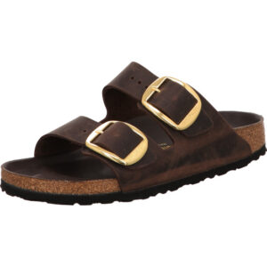 Birkenstock Arizona Big Buckle Damen braun mit goldener Schnalle und schwarzer Sohle