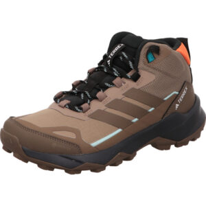 adidas TERREX SKYCHASER AX5 MID GTX W braun trekkingschuhe mit hellblau und brauenen Adidas Streifen und dunkler Sohle