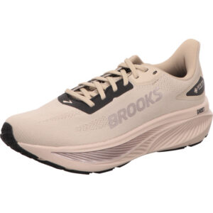 brooks herren laufschuhe ghost 18 gtx beige kombi mit pink brooks logo und leicht pinkfarbener Sohle