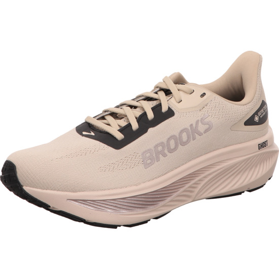 brooks herren laufschuhe ghost 18 gtx beige kombi mit pink brooks logo und leicht pinkfarbener Sohle