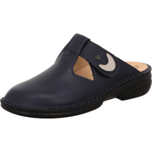 Finn Comfort Damen Clogs dunkelblau mit hellem Fußbett und Klett mit schwarzer Sohle