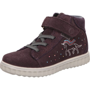 Ricosta Knöchel hoch mit Klettverschluss in lila Velour mit Einhorn in silber an der Seite vom Schuh