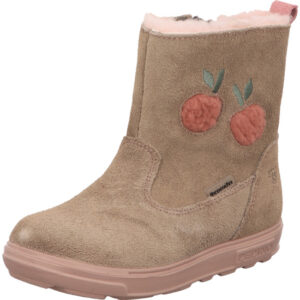 Ricosta COSY mit Reißverschluss Velour beige seitlich mit einer Kirsche aus Fell in pink und grün Sohle rosa