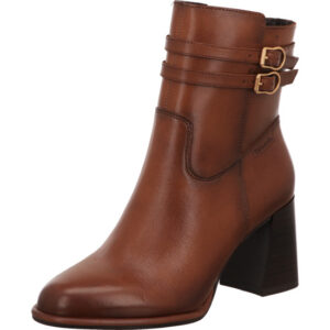Tamaris Damen Stiefelette cognac mit zwei goldenen Schnallen und dunkler Sohle