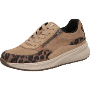 Waldläufer Damen Halbschuh Mehrweite beige mit leoprint mit Schnürung und mini Reißverschluss mit weißer Sohle