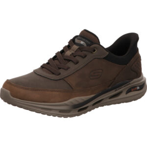 Skechers Schlupfschuhe in braun mit gelochter Sohle in grau. Mit Gummischnürung