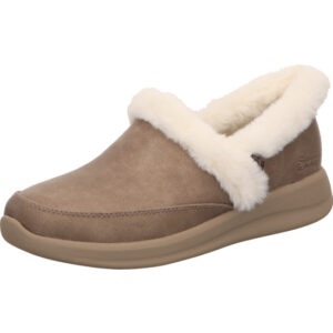 Skechers Damen Hausschuh hinten offen taupe mit weißem Fell und brauner Sohle