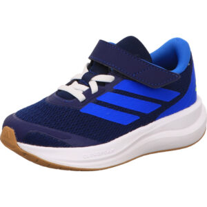 adidas kinder sport schuhe runfalcon 6 el c klettverschluss dunkelblau mit hellblauen Adidas Streifen hinten gelb adidas und weißer Sohle