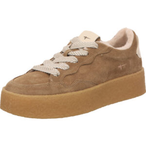 Tamaris Damen Halbschuh beige mit weißer Schnürung und brauner Sohle