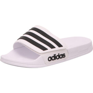adidas ADILETTE SHOWER VELCRO weiss mit schwrazen Adidas Streifen und schwarz den Namen Adidas seitlich badeschuhe
