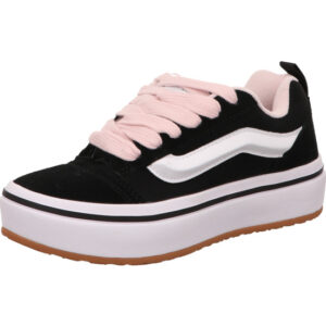 Damn Sneaker weißer Plateau in schwarz mit weißem Vanszeichen und pinkfarbenen Schnürsenkel