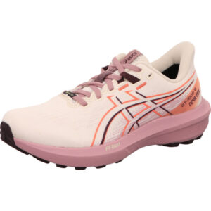 asics GT-1000 15 GTX ROSE DUST/TARO PURPLE schnürer damen laufschuhe bellbeige mit dunkel lila streifen und pink farbener Sohle