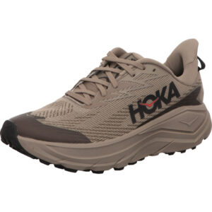 hoka herren laufschuhe challenger 8 gtx braun grau und braun graue Sohle vorn und serilich dunkelbraun und seitlich braunes Hoka Logo mit braun