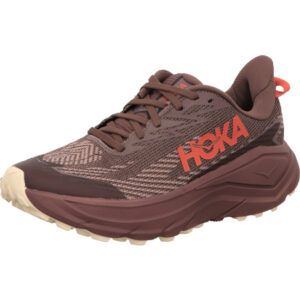 hoka damen laufschuhe challenger 8 trailschuh gty smoky quartz alabaster bronzefarben schuh und sohle und rotes hoka logo seitlich