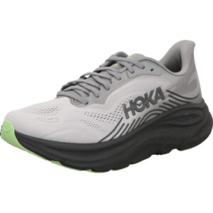 hoka clifton 11 grau herren laufschuhe grau mit dunklegrau und grauem Hoka Logo seitlich und dunkler laufsohle
