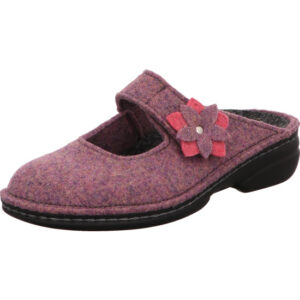 Finn Comfort Damen Hausschuh hinten offen lila Filz mit Klett und Blume und schwarzer Sohle