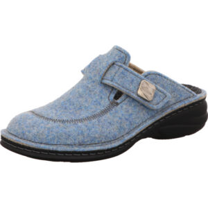 Finn Comfort Damen Hausschuh hinten offen blau mit Filz und Klett mit schwarzer Sohle