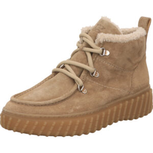 Paul Green Damen Stiefelette sportlich beige mit Schnürung und brauner Sohle