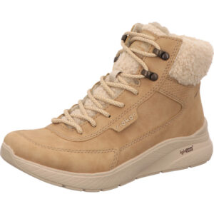 Rieker Damen Stiefelette sportlich Schnürer beige mit weißen Fell und Sohle gefüttert