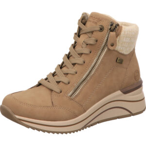 Remonte Damen Stiefelette beige mit Futter und heller Sohle mir Schnürung und Reißverschluss an der Seite