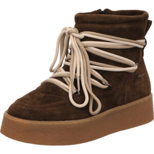 Tamaris Damen Stiefelette braun mit weißer Schnürung gefüttert und brauner Sohle