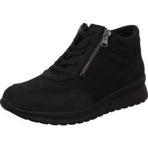Waldläufer Damen Stiefelette schwarz Schnürer mit mini Reißverschuss an der Seite und schwarzer Sohle