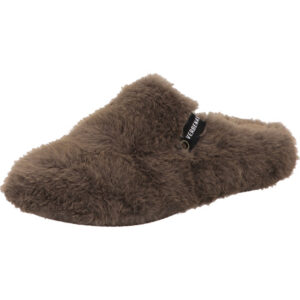 Verbenas Damen Hausschuhe hinten offen taupe Plüsch mit brauner Sohle