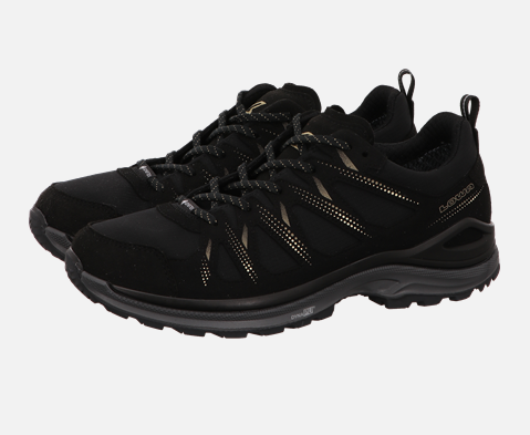 Lowa Innox Damen Haalbschuh in schwarz und goldener Aplikationen hinter Schrift lowa und grauer Sohle Lowa-Innox-Damen-Haalbschuh-in-schwarz-und-goldener-Aplikationen-hinter-Schrift-lowa-und-grauer-Sohle