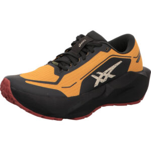 asics NOVABLAST 6 GTX SANDSTORM/BLACK senf farben mit schwarz und schwarzer Sohle seitlich rotes Asics Logo und schwarze Schnürunf herrenlaufschuh