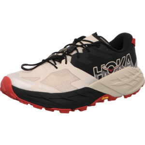 hoka herren laufschuhe speedgoat 7 gtx schwarz beige mit weißem Hoka Logo Sohle beige und schwarz schnellschnürung und hinten rote schlaufe
